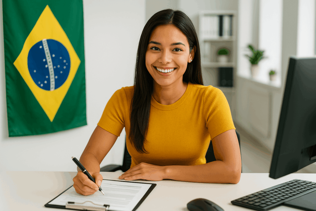 Chica alegre haciendo el Canje de permiso de conducir brasileño​